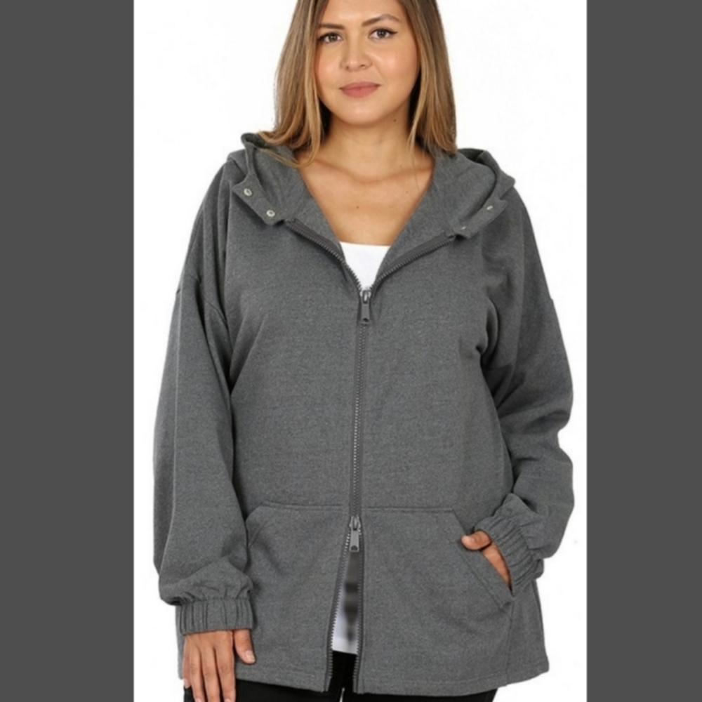 Zenana Outfitters Plus Size 1X Hooded Sweat Jacket in Gray